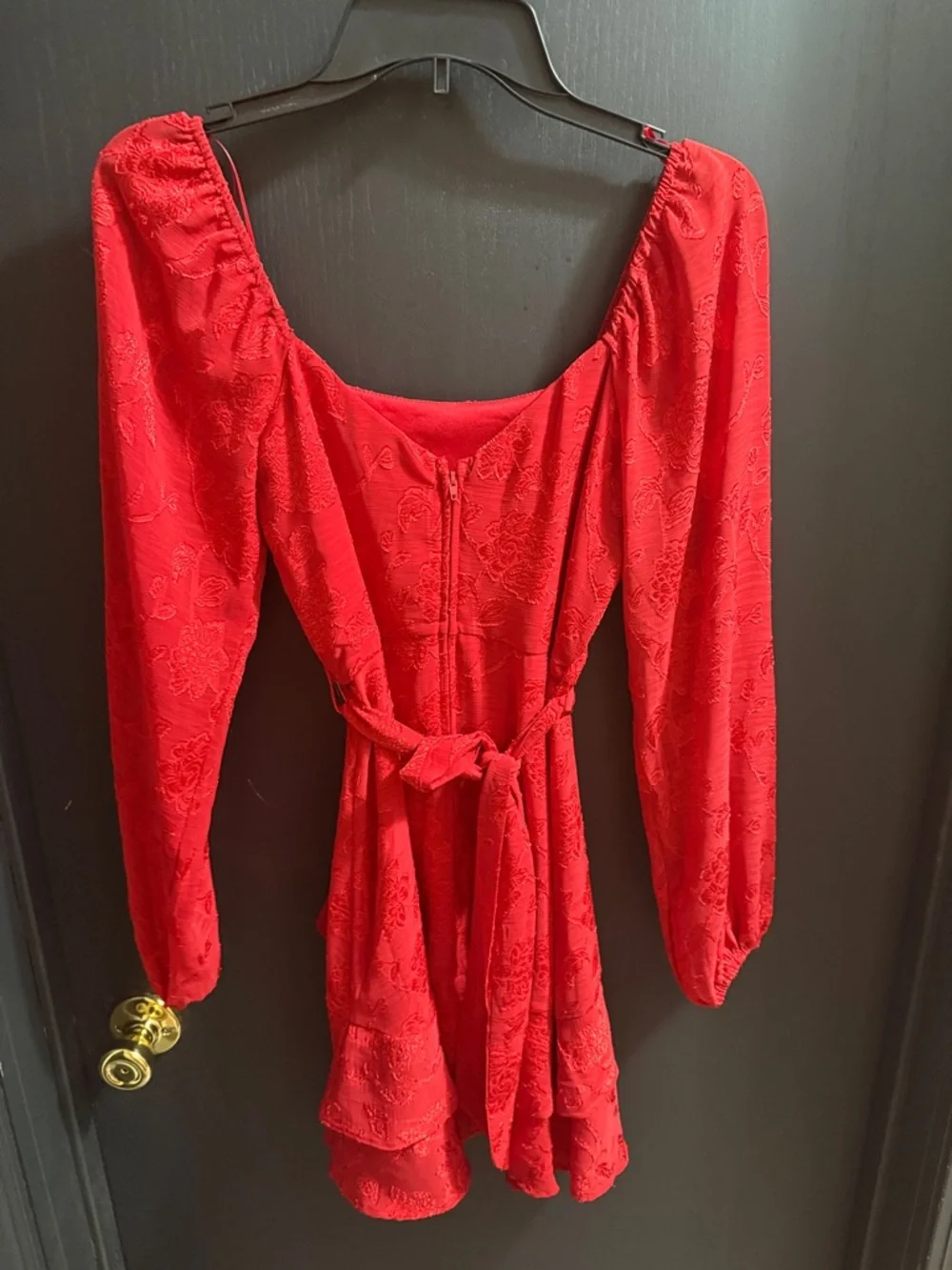Francesca's Collections Red Floral Jacquard Long-Sleeve Mini Dress - Picture 3 of 3
